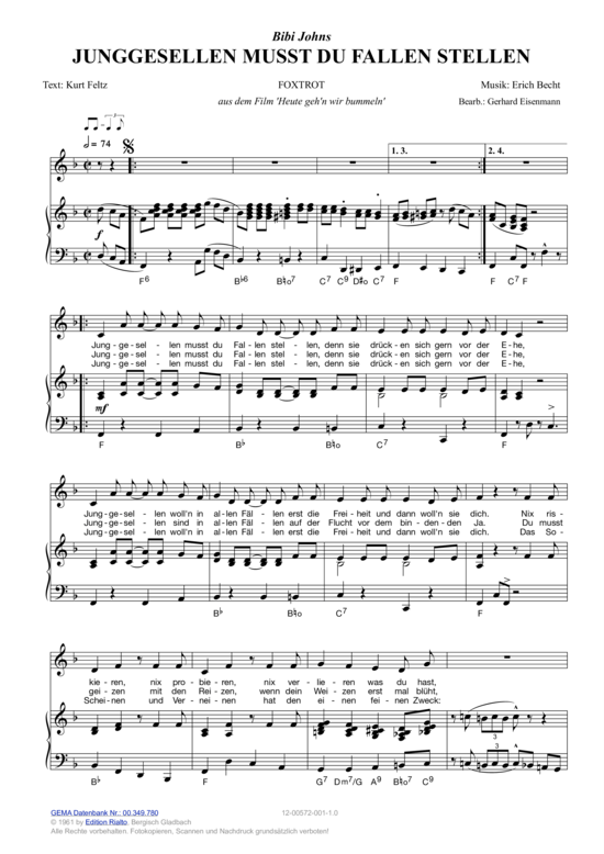 Junggesellen musst du Fallen stellen (Klavier + Gesang) (Klavier Gesang  Gitarre) von Bibi Johns