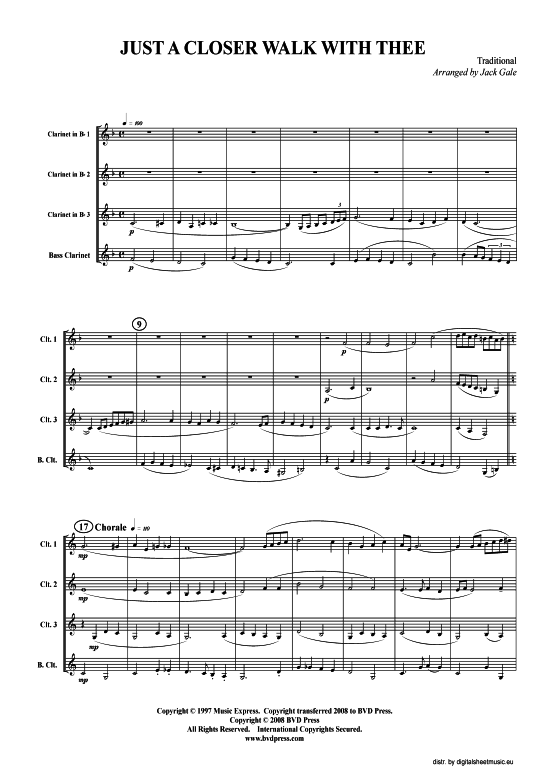 Just a Closer Walk (3xKLAR in B Bass-KLAR) (Quartett (Klarinette)) von Traditional (arr. Gale)