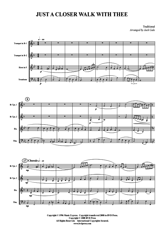 Just a Closer Walk With Thee (2xTromp in B Horn in F (Pos) Pos) (Quartett (Blech Brass)) von Traditional