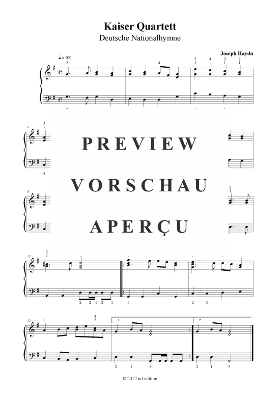 Kaiser Quartett (Klavier solo einfach) (Klavier einfach) von Joseph Haydn (bearb. Deutsche Nationalhymne)