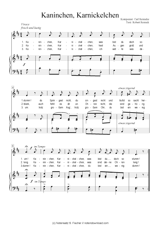 Kaninchen Karnickelchen (Klavier + Gesang) (Klavier  Gesang) von Carl Reinecke  Robert Reinick