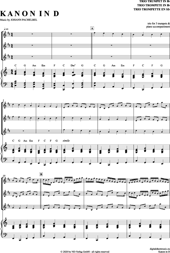 Kanon In D (Trompeten Trio + Klavier) (Trio (Trompete)) von Johann Pachelbel