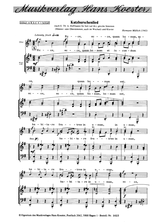 Katzburschenlied (Chor 2-stimmig + Klavier) (Gemischter Chor Klavier) von Hermann M uuml llich