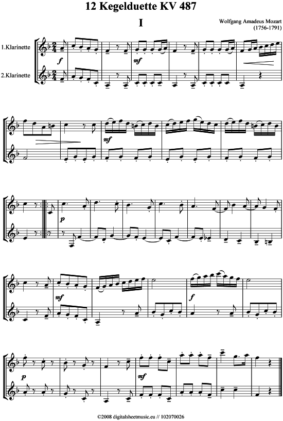 Kegelduette KV 487 Nr. 1 (Klarinette) von Wolfgang Amadeus Mozart (1756-1791)