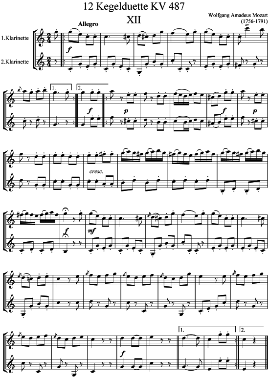 Kegelduette KV 487 Nr. 12 (Klarinette) von Wolfgang Amadeus Mozart (1756-1791)
