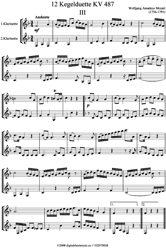 Kegelduette KV 487 Nr. 3 (Klarinette) von Wolfgang Amadeus Mozart (1756-1791)