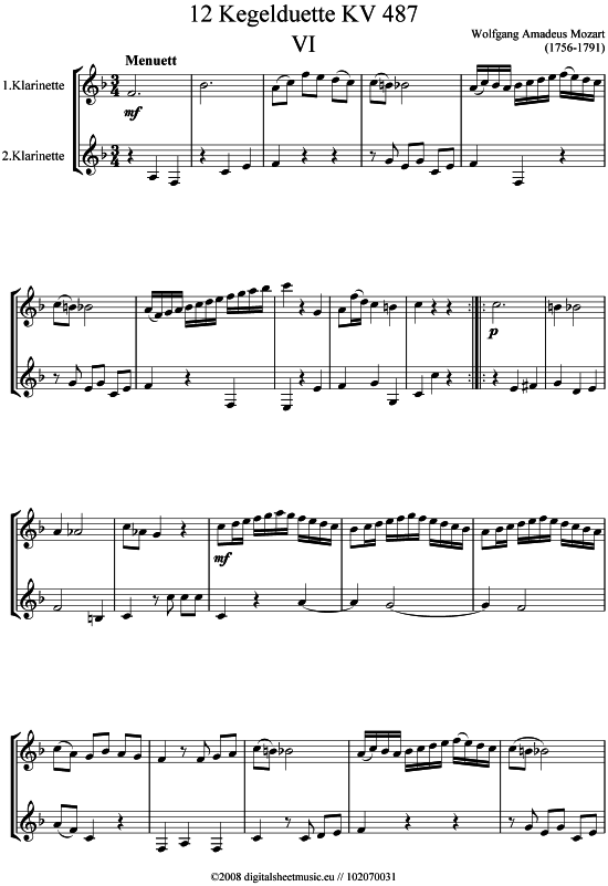 Kegelduette KV 487 Nr. 6 (Klarinette) von Wolfgang Amadeus Mozart (1756-1791)