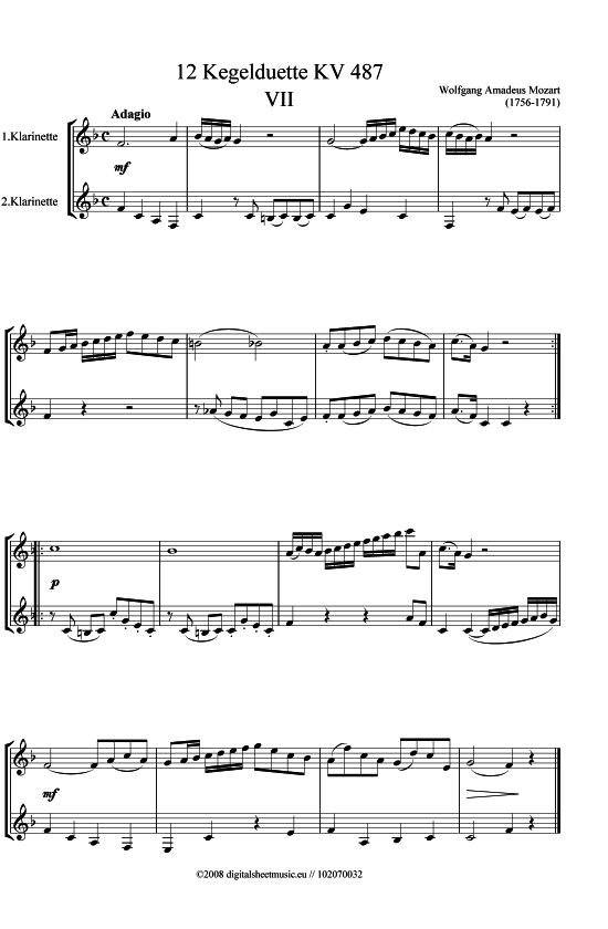 Kegelduette KV 487 Nr. 7 (Klarinette) von Wolfgang Amadeus Mozart (1756-1791)