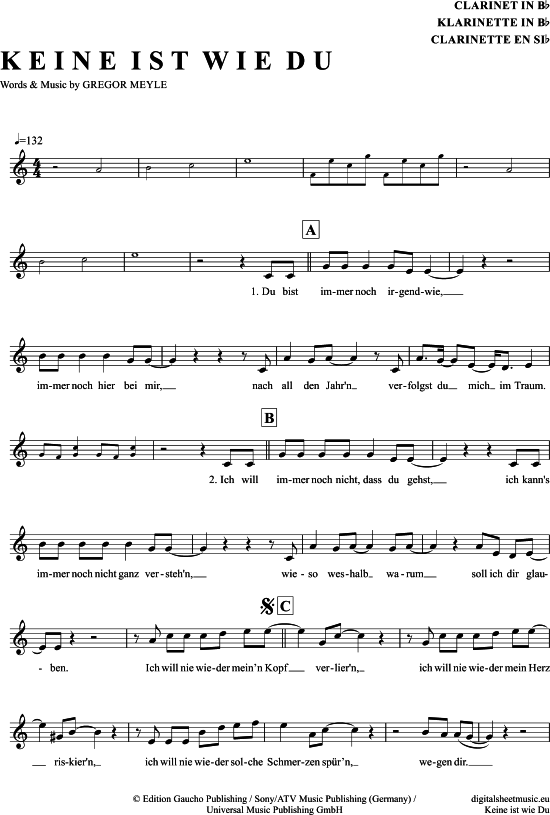 Keine Ist Wie Du (Klarinette in B) (Klarinette) von Gregor Meyle