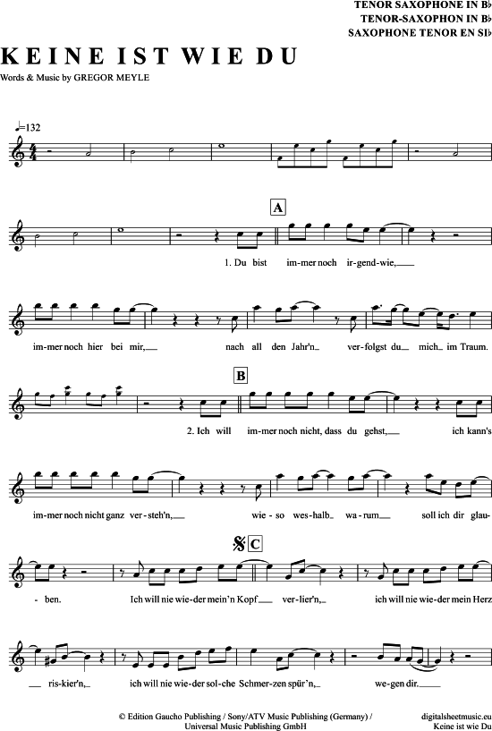 Keine Ist Wie Du (Tenor-Sax) (Tenor Saxophon) von Gregor Meyle