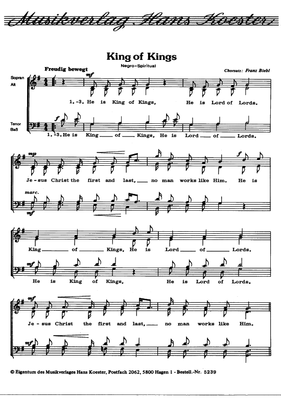 King of Kings (Gemischter Chor) (Gemischter Chor) von Volksweise (Satz Franz Biebl)