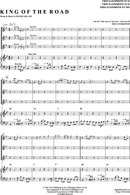 King Of The Road (Saxophon Trio AAA(T) + Klavier) (Trio (Saxophon)) von Roger Miller