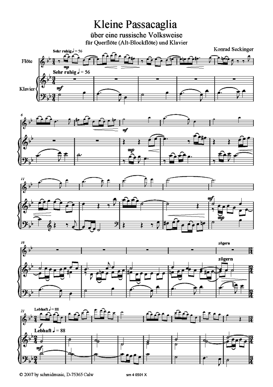 Kleine Passacaglia (Alt- Querfl te + Klavier) (Klavier  Querfl te) von Konrad Seckinger