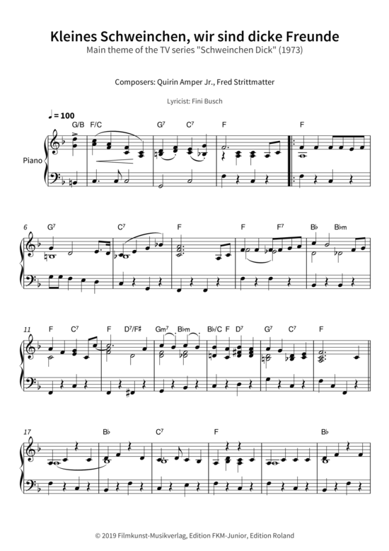 Kleines Schweinchen wir sind dicke Freunde - Main theme of the TV series Schweinchen Dick (1973) (Klavier Solo) (Klavier Solo) von Fred Strittmatter Quirin Amper Jr.