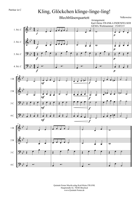 Kling Gl ouml ckchen Klingelingeling (Blechbl auml serquartett) (Quartett (Blech Brass)) von Volksweise