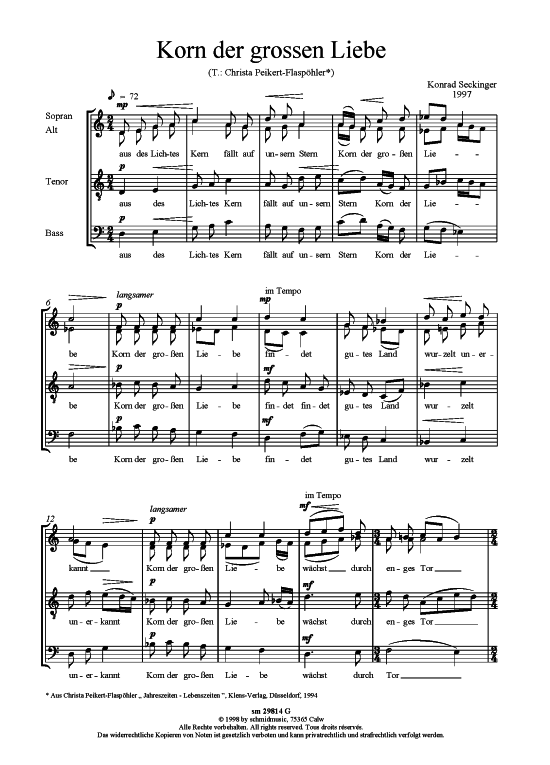 Korn der gro szlig en Liebe (Gemischter Chor) (Gemischter Chor) von Konrad Seckinger