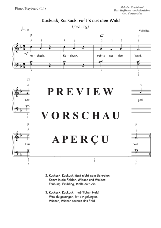 Kuckuck Kuckuck ruft s aus dem Wald (F - Dur) (Piano  Keyboard - Level 1) (Klavier einfach) (Klavier Solo) von Traditional