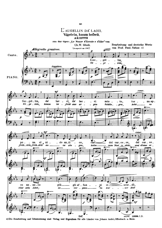 L acute augellin da acute lacci (Gesang tief + Klavier) (Klavier  Gesang tief) von Christoph Willibald Gluck