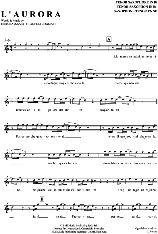 L acute Aurora (Tenor-Sax) L Aurora (Tenor Saxophon) von Eros Ramazzotti
