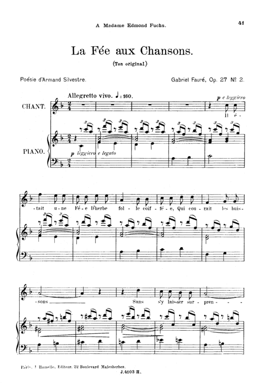 La f eacute e aux chansons Op.27 No.2 (Gesang hoch + Klavier) (Klavier  Gesang hoch) von Gabriel Faur eacute 
