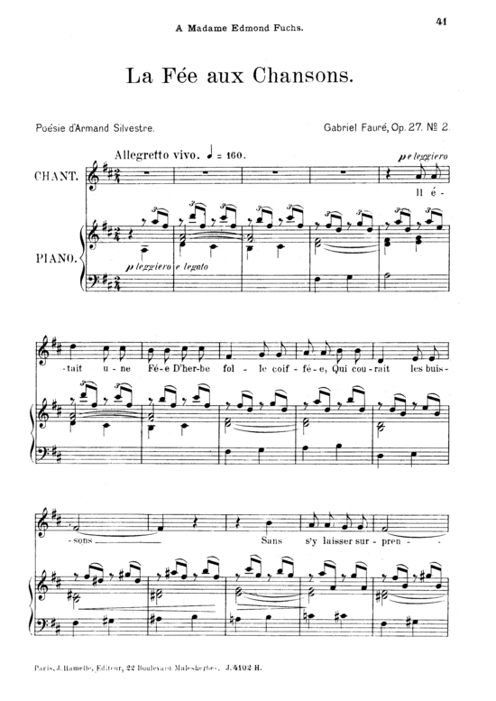 La f e aux chansons Op.27 No.2 (Gesang mittel + Klavier) (Klavier  Gesang mittel) von Gabriel Faur 