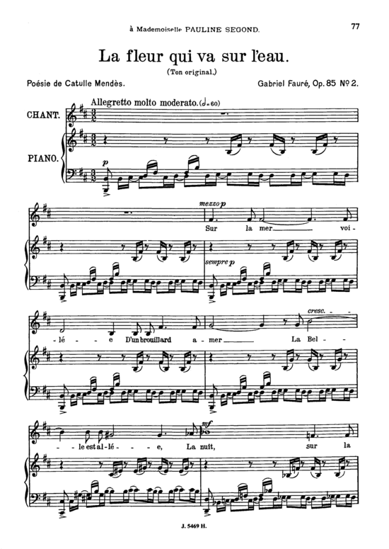 La fleur qui va sur l eau Op.85 No.2 (Gesang mittel + Klavier) (Klavier  Gesang mittel) von Gabriel Faur 