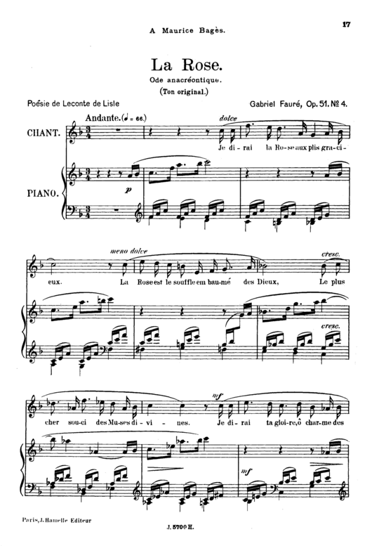 La rose Op.51 No.4 (Gesang hoch + Klavier) (Klavier  Gesang hoch) von Gabriel Faur eacute 