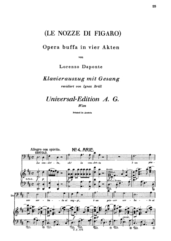 La vendetta oh la vendetta (Klavier + Bass Bariton Solo) (Klavier  Bass) von W. A. Mozart (K.492)