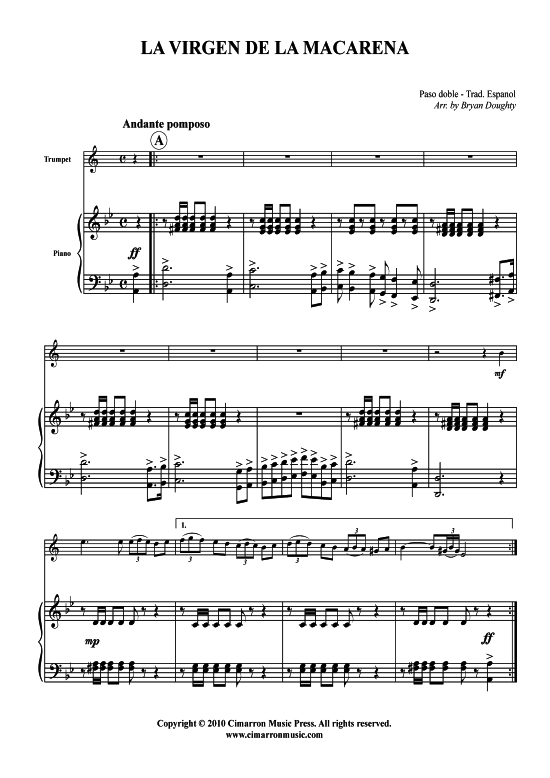 La Virgen de la Macarena (Trompete in B + Klavier) (Klavier  Trompete) von Volkslied aus Spanien
