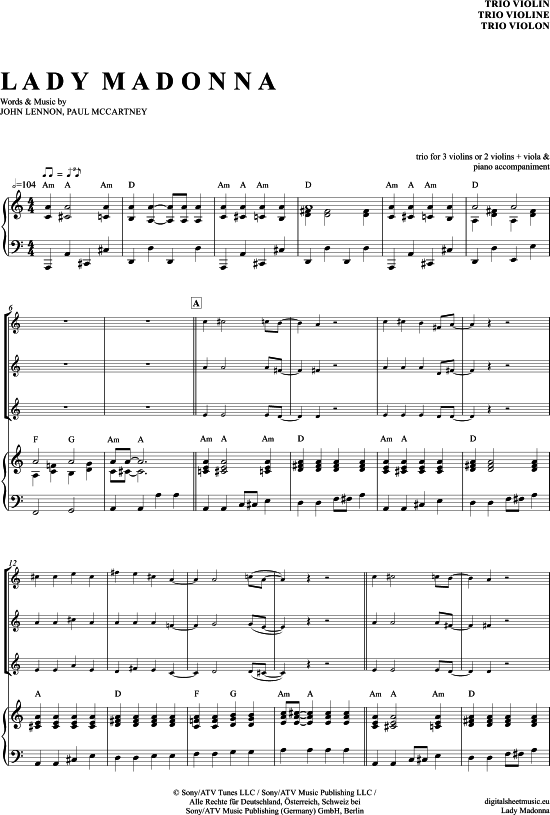 Lady Madonna (Violinen Trio + Klavier) (Trio (Violine)) von The Beatles