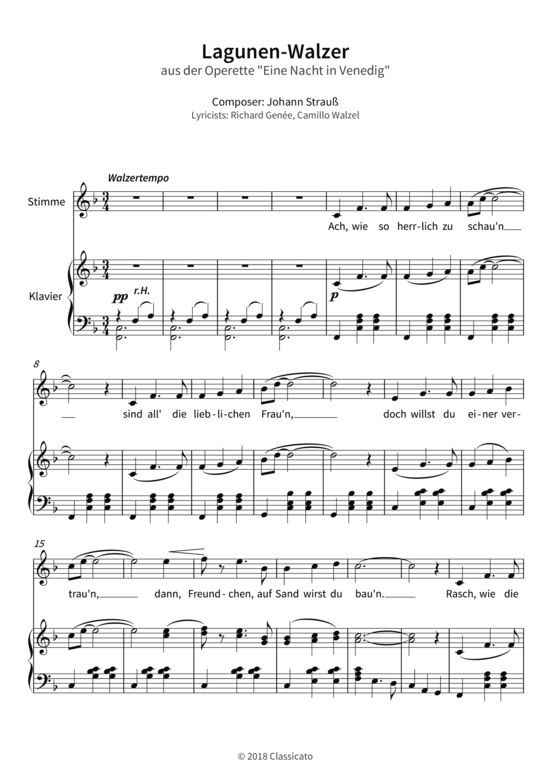 Lagunen-Walzer - aus der Operette Eine Nacht in Venedig (Gesang + Klavier) (Klavier  Gesang) von Johann Strau 