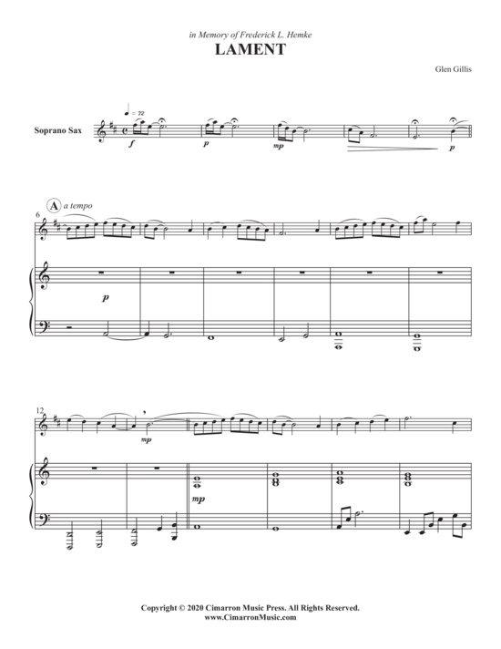 Lament (Sopran Saxophon + Klavier) (Klavier  Sopran Saxophon) von Glen Gillis