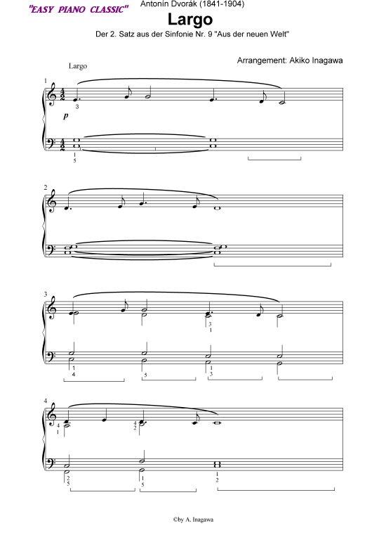 Largo (Klavier Solo - leicht) (Klavier einfach) von Antonin Dvorak (arr. A. Inagawa)