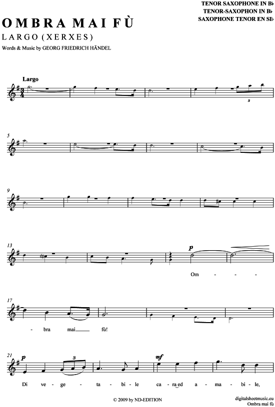 Largo - Ombrai Ma Fu (Tenor-Sax) (Tenor Saxophon) von G. F. H ndel (aus Xerxes)  Fritz Wunderlich