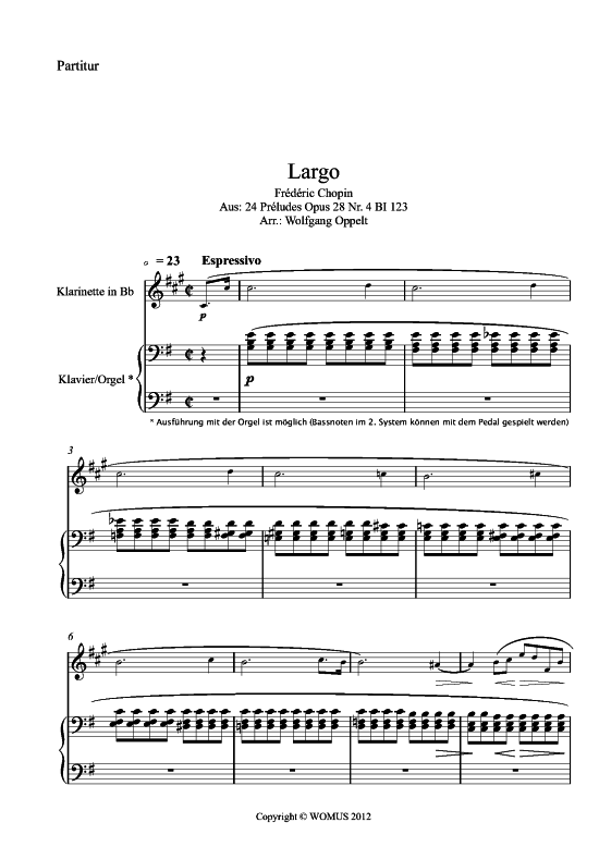 Largo op. 28 Nr. 4 (Klarinette in B + Klavier) (Klavier  Klarinette) von Frederic Chopin (arr. WO)
