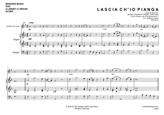 Largo (Rinaldo Arie der Almirena) (Klarinette in B + Orgel) (Orgel  Klarinette) von Georg Friedrich H ndel (arr. WO)