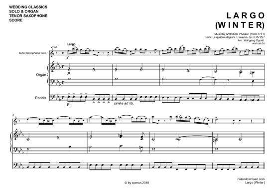 Largo (Winter) (Tenor Saxophon + Orgel) (Orgel  Tenor Saxophon) von Antonio Vivaldi (arr. WO)