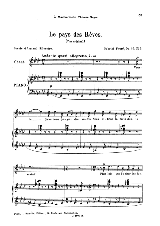 Le pays des r ecirc ves Op.39 No.3 (Gesang hoch + Klavier) (Klavier  Gesang hoch) von Gabriel Faur eacute 