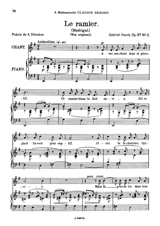 Le ramier Op.87 No.2 (Gesang mittel + Klavier) (Klavier  Gesang mittel) von Gabriel Faur eacute 