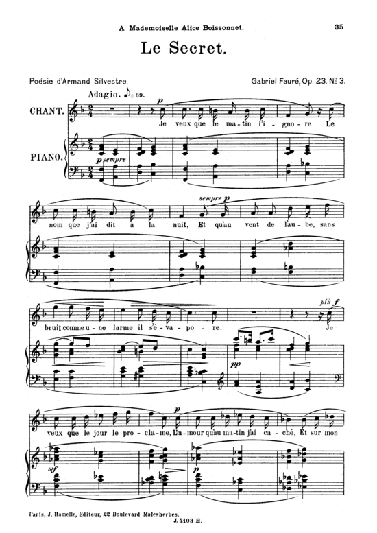 Le secret Op.39 No.3 (Gesang hoch + Klavier) (Klavier  Gesang hoch) von Gabriel Faur eacute 
