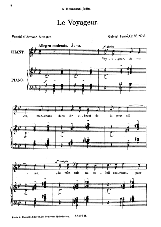 Le voyageur Op.18 No.2 (Gesang hoch + Klavier) (Klavier  Gesang hoch) von Gabriel Faur eacute 