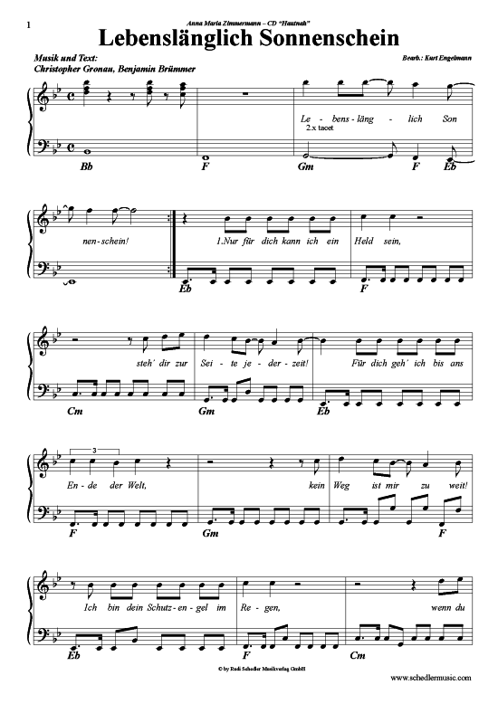 Lebensl auml nglich Sonnenschein (Klavier + Gesang) (Klavier Gesang  Gitarre) von Anna Maria Zimmermann