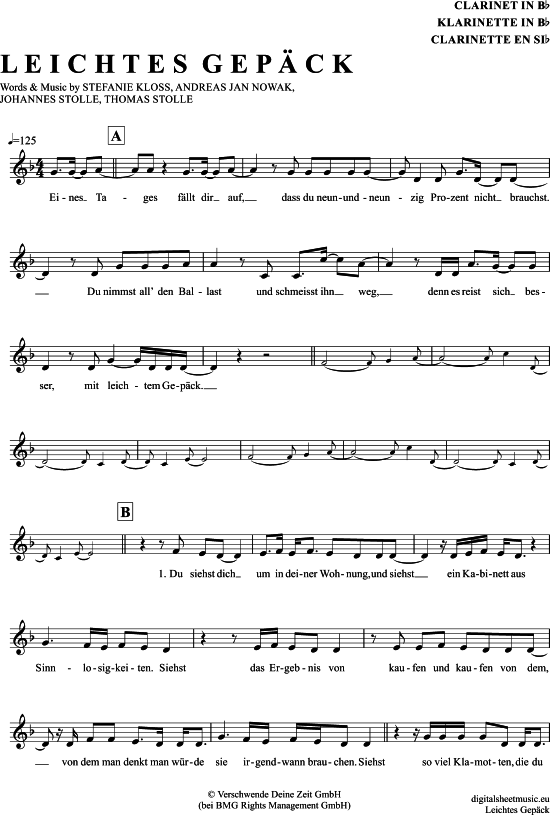 Leichtes Gep ck (Klarinette in B) (Klarinette) von Silbermond