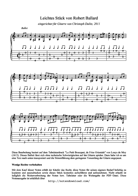 Leichtes St ck (Gitarre solo) (Gitarre) von Robert Ballard (1575-1650) 