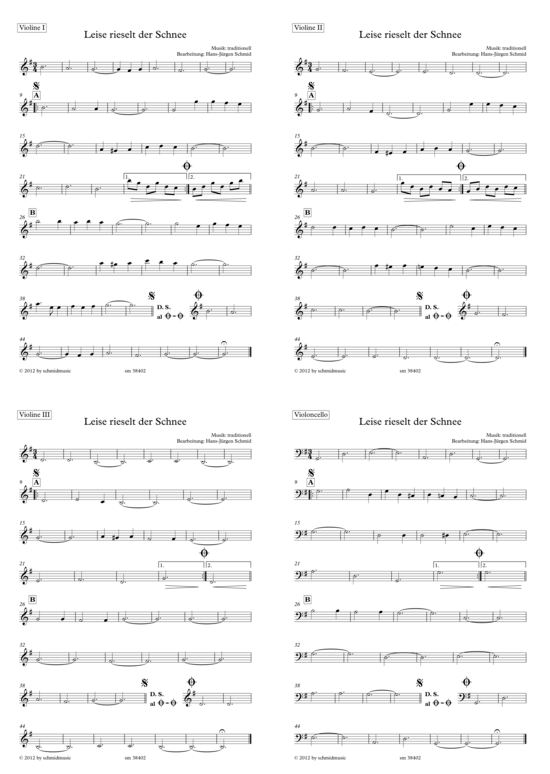 Leise rieselt der Schnee (Streicherquartett + Klavier) nur Streicherstimmen (Quartett (Streicher)) von Hans-J rgen Schmid