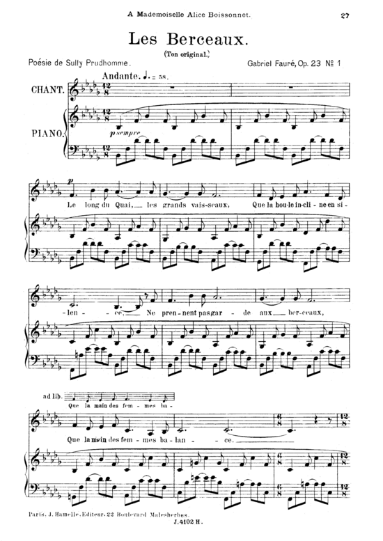 Les berceaux Op.23 No.1 (Gesang mittel + Klavier) (Klavier  Gesang mittel) von Gabriel Faur eacute 