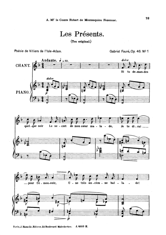 Les pr eacute sents Op.46 No.1 (Gesang hoch + Klavier) (Klavier  Gesang hoch) von Gabriel Faur eacute 