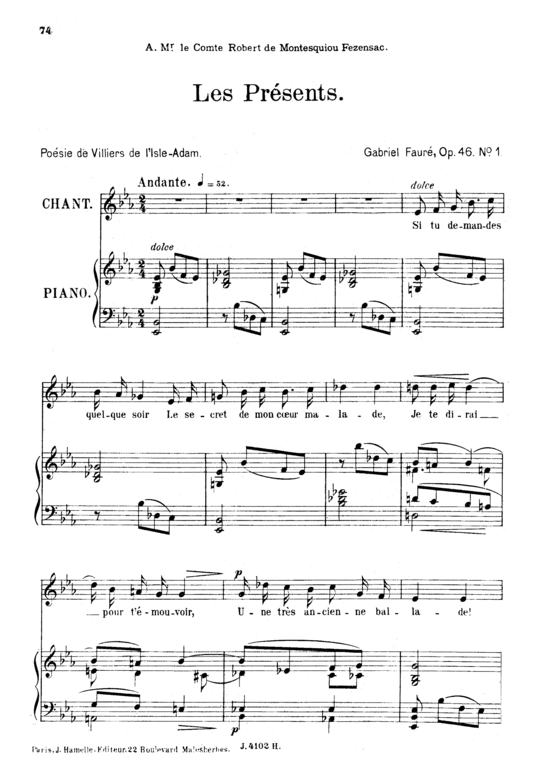 Les pr eacute sents Op.46 No.1 (Gesang mittel + Klavier) (Klavier  Gesang mittel) von Gabriel Faur eacute 