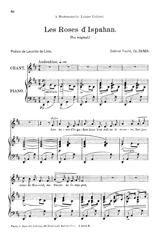 Les roses d acute Hispahan Op.39 No.4 (Gesang mittel + Klavier) (Klavier  Gesang mittel) von Gabriel Faur eacute 
