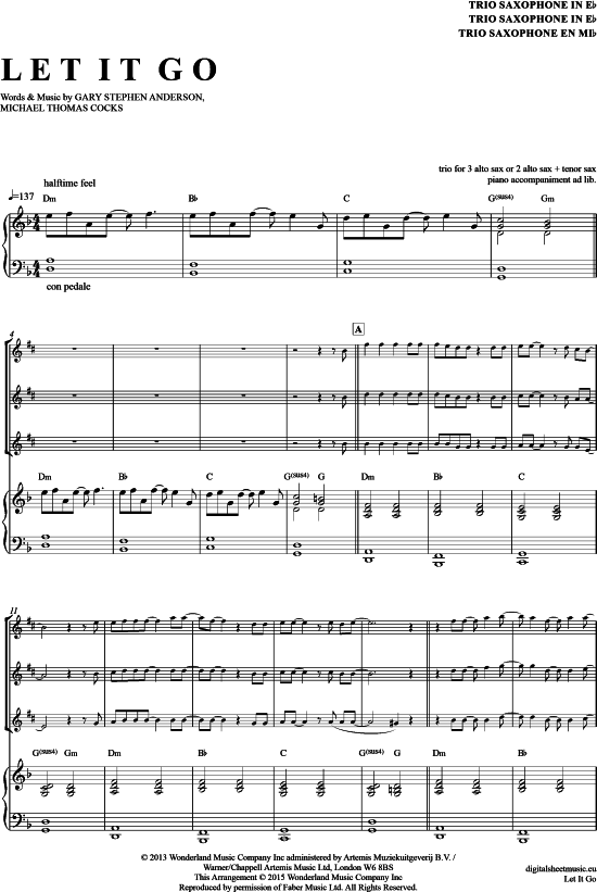 Let it go (Saxophon Trio AAA(T) + Klavier) (Trio (Saxophon)) von Idina Menzel (aus Frozen)